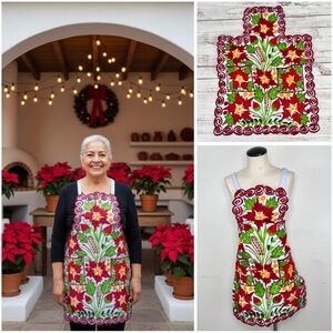 Mexican Embroidered Red Poinsettia Christmas Holiday White Apron